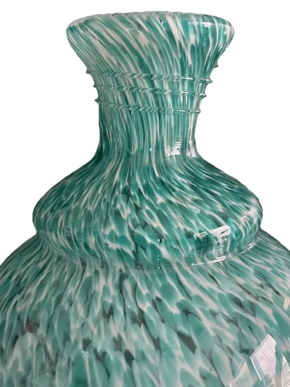 Vintage Pier 1 Art Glass Vase - Turquoise & White Swirl Confetti Spatter 10”